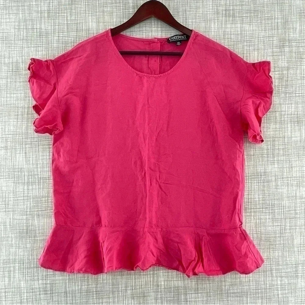 Context Linen Round neck Pink 1/4 button back Short Sleeve Ruffle Blouse 8216/6